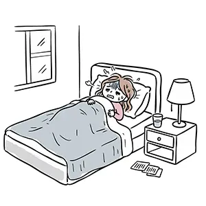 インフルエンザで発熱しベッドで寝込んでいる女性のイラスト