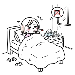 インフルエンザの療養期間中にベッドで休んでいる女性とカレンダーのイラスト