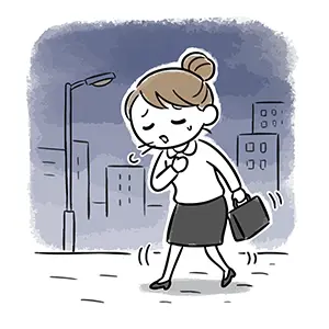 夜道で咳き込みながらフラフラと歩いて帰宅するスーツの女性イラスト