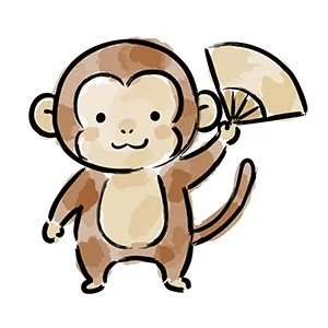 扇子を持ってお祝いするかわいい猿(申)のイラスト。年賀状や干支のデザインに使える無料フリー素材。