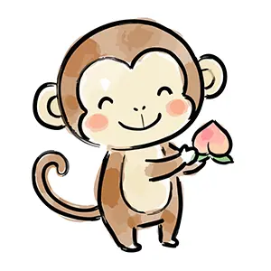 桃を持って微笑むかわいい猿(申)のイラスト。年賀状や干支のデザインに使える無料フリー素材。