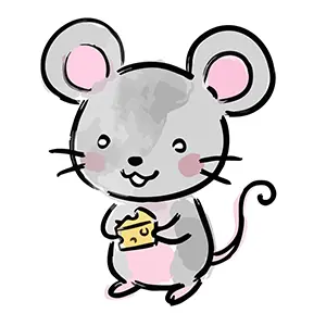 チーズを持って嬉しそうなネズミ(子)のイラスト。年賀状や干支のデザインに使える無料フリー素材。