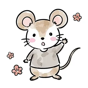 梅の花と手を振って挨拶するかわいいネズミ(子)のイラスト。年賀状や干支のデザインに使える無料フリー素材。