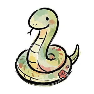梅の花とパステルカラーのかわいい蛇(巳)のイラスト。お正月の年賀状に最適な無料フリー素材。