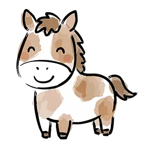笑顔で立っているかわいい馬(午)のイラスト。年賀状や干支のデザインに使える無料フリー素材。