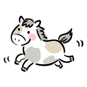 元気に走るブチ模様のかわいい馬(午)のイラスト。年賀状や干支のデザインに使える無料フリー素材。