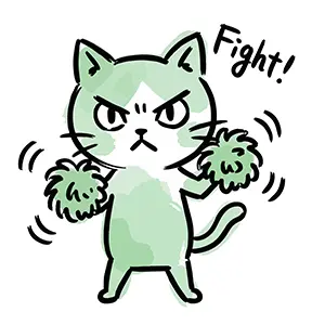 真剣な表情でポンポンを持ち「Fight!」と力強く応援する緑色の猫のイラスト