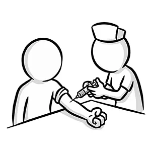 看護師に腕を差し出し、注射器で採血や予防接種を受けている人物のイラスト