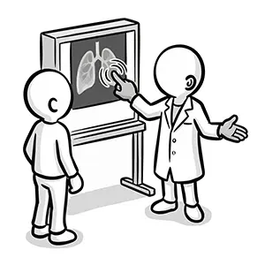 モニターに映し出された胸部レントゲン画像を指差して、医師が患者に説明しているイラスト