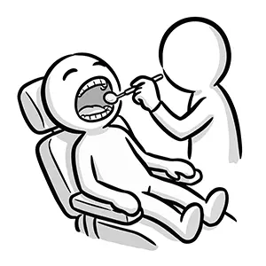 診察台に寝て口を開け、歯科医師にデンタルミラーで歯の裏側などを診察されているイラスト