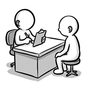 机を挟んで向かい合い、バインダーを持つ医師と患者が問診・面談をしているイラスト