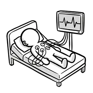 ベッドに寝て胸に電極を貼り付け、モニターを見ながら心電図検査を受けているイラスト