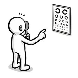 片目を隠しながら視力検査表（ランドルト環）の切れ目の方向を指差しているイラスト