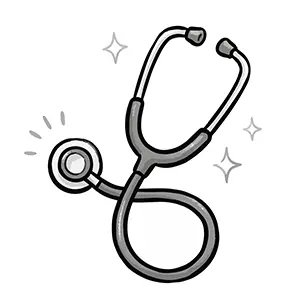 輝くキラキラマークがついた手描き風の聴診器のイラスト