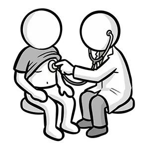 患者の胸に聴診器を当てて診察する医師のイラスト