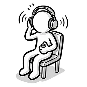 椅子に座ってヘッドホンを装着し、ボタンを持って聴力検査を受けているイラスト
