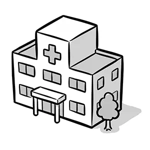 十字マークがデザインされた、立体的で手描き風の病院・クリニックの建物のイラスト