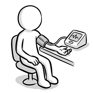 椅子に座り、卓上の自動血圧計の腕帯を巻いて血圧を測定している人物のイラスト