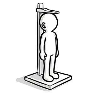 身長計の台に乗り直立して身長を測定している人物のイラスト