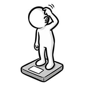 体重計に乗り、結果を見てショックを受けたり悩んだりして頭に手をやっているイラスト