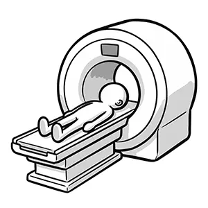 MRIまたはCTスキャンの装置のベッドに仰向けに寝て検査を受けている人物のイラスト