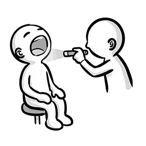椅子に座り大きく口を開け、ペンライトを持った医師に喉の奥を診察されているイラスト