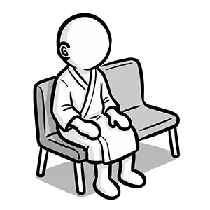 人間ドックなどの検査着に着替え、待合室のベンチに座って順番を待っている人物のイラスト