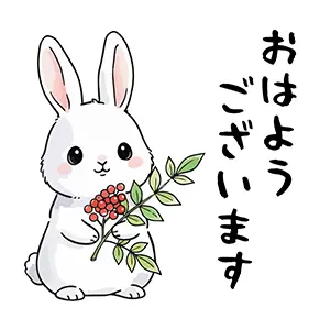 南天の枝を抱えて微笑む漫画風の白い雪うさぎと「おはようございます」の筆文字イラスト