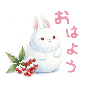 ピンクの文字と丸い雪うさぎ、雪の積もった南天を描いた可愛い「おはよう」水彩イラスト