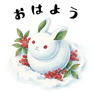 雪の中に座る葉っぱ耳の雪うさぎと赤い南天の実の水彩風「おはよう」イラスト