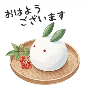 木のお盆に乗った白い雪うさぎと南天の実、「おはようございます」の和風水彩イラスト