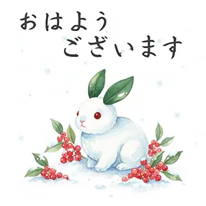 雪原に座る神秘的な雪うさぎと赤い南天の実の水彩風「おはようございます」イラスト