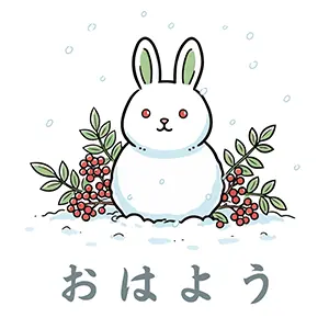 雪の中から顔を出す可愛い雪うさぎと南天の枝の「おはよう」シンプルイラスト