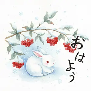雪が積もった南天の木の下に座るリアルで可愛い白うさぎの水彩風「おはよう」画像