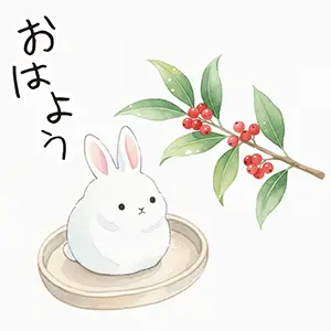和皿に乗った丸い雪うさぎと南天の枝が描かれた水彩風「おはよう」挨拶イラスト