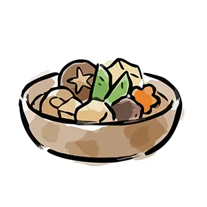 お正月の定番料理である具だくさんの筑前煮(煮しめ)の手書き風イラスト