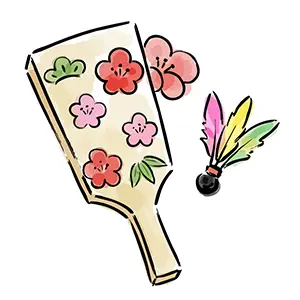 松竹梅の柄が入った羽子板とカラフルな羽根の手書き風イラスト