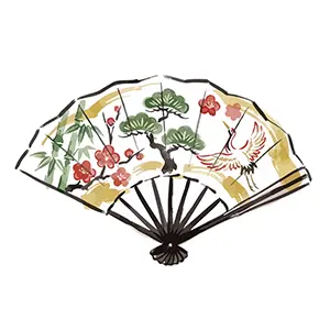 松竹梅と鶴の絵柄が入った豪華で華やかな扇子の手書き風イラスト