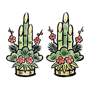 竹と松と梅で飾られた一対の立派な門松の手書き風イラスト