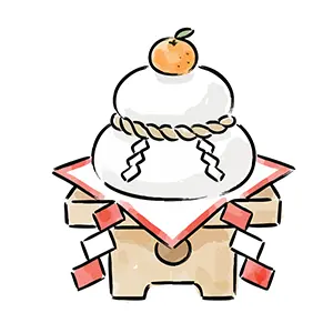 三方に乗せられた鏡餅と橙(ダイダイ)のかわいい手書き風イラスト