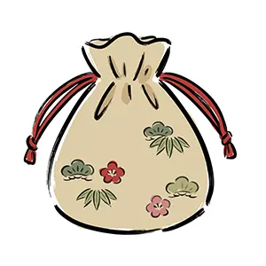 松竹梅の柄が入ったベージュ色のかわいい巾着袋の手書き風イラスト
