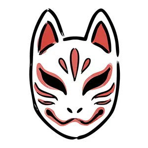 赤い模様が入った神秘的でおしゃれな狐の面(きつねめん)の手書き風イラスト