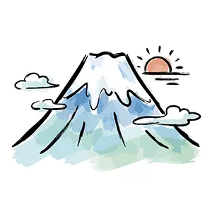 初日の出と雲に囲まれた手書き風の富士山のイラスト