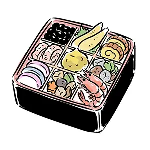 重箱に詰められた豪華でおいしそうなおせち料理の手書き風イラスト