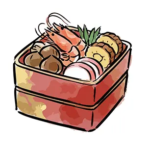 海老や黒豆が詰まった豪華な二段重のおせち料理の手書き風イラスト