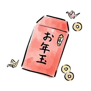 お年玉と書かれた赤いポチ袋と折り鶴と硬貨の手書き風イラスト