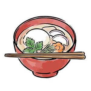 丸餅とかまぼこと三つ葉が入った美味しそうなお雑煮の手書き風イラスト