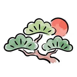 枝ぶりの良い松の木と赤い太陽を描いた手書き風の和風イラスト