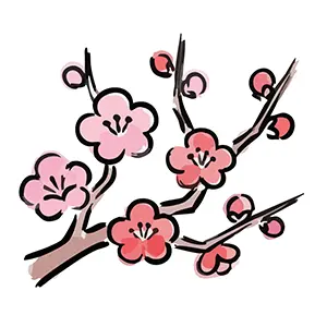 枝に咲くピンクと赤のかわいい梅の花の手書き風イラスト