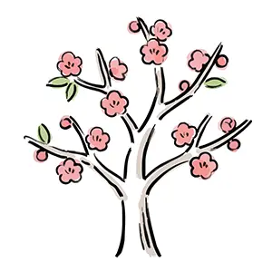 春の訪れを感じさせる満開のピンク色の梅の木の手書き風イラスト